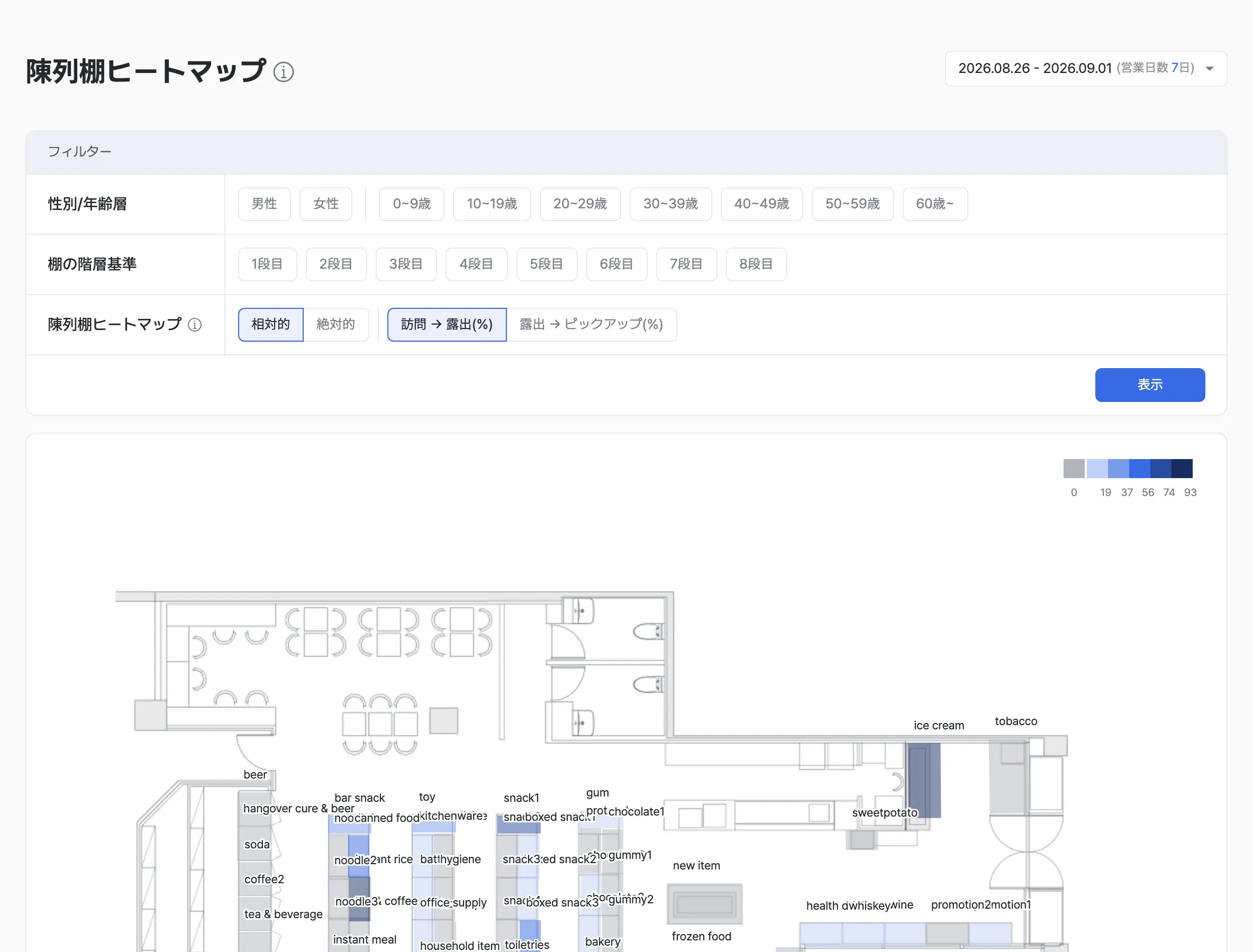 陳列棚ヒートマップのメイン画面