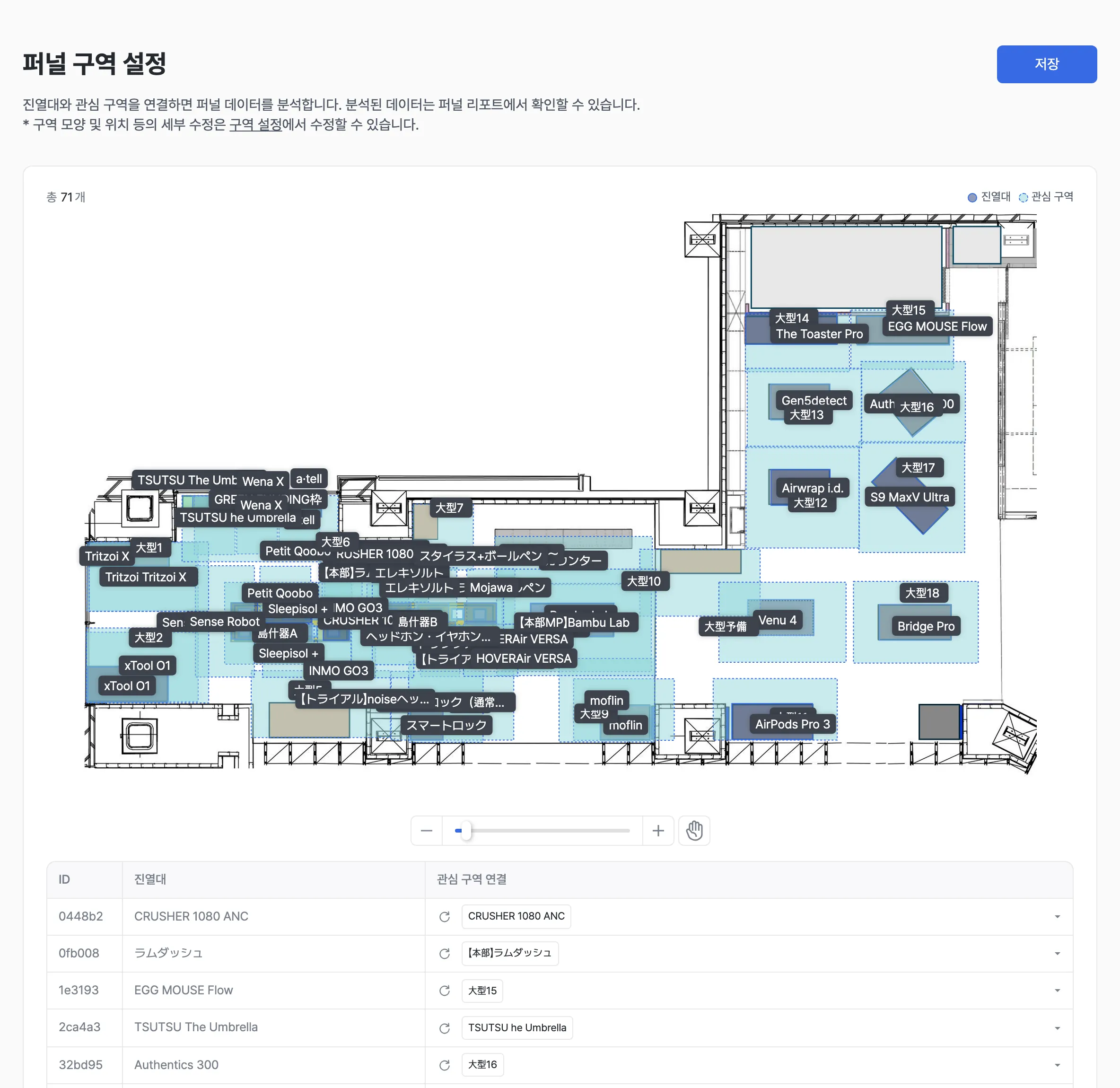 퍼널 구역 설정 화면 — 지도에 진열대와 관심 구역이 함께 표시됨