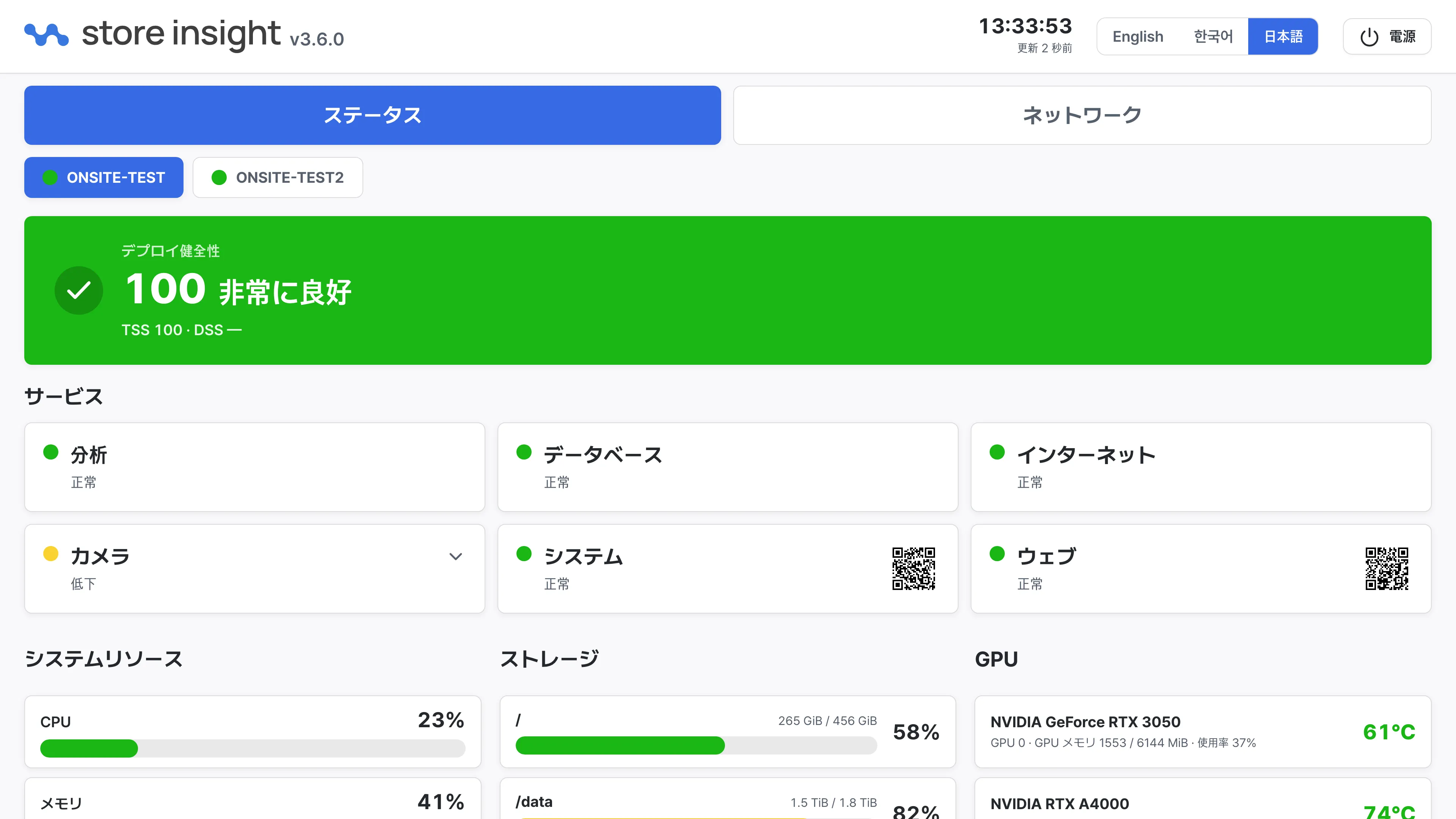 現地コントロールパネルのステータス画面